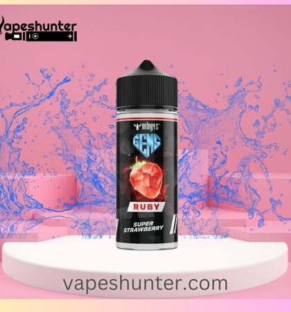 Indulge in the bold flavor of SUPER STRAWBERRY GEMS RUBY DR VAPES WITH ICE 120ML. This e-liquid from the Gems E-Liquid Range combines juicy